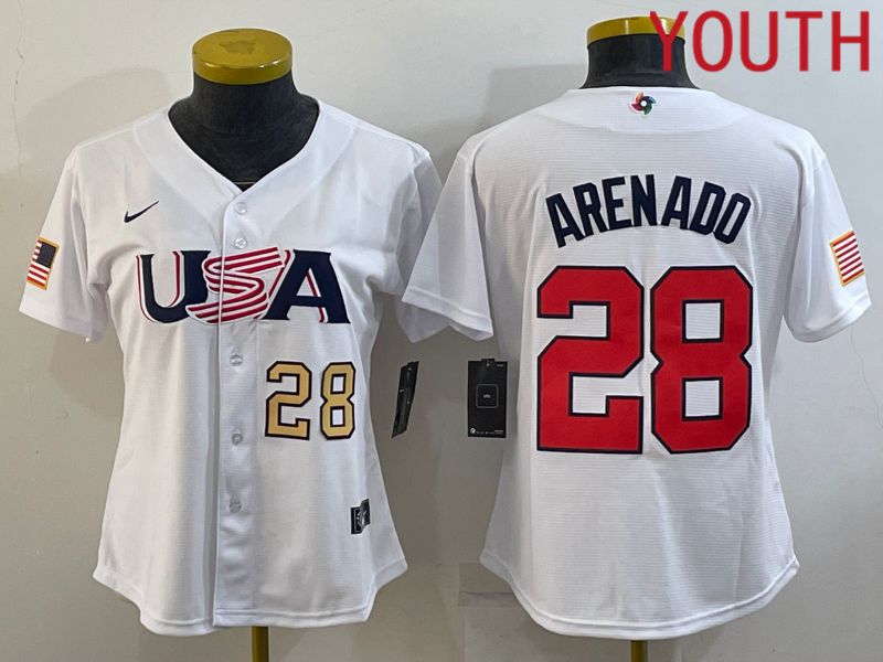 Youth 2023 World Cub USA 28 Arenado White MLB Jersey